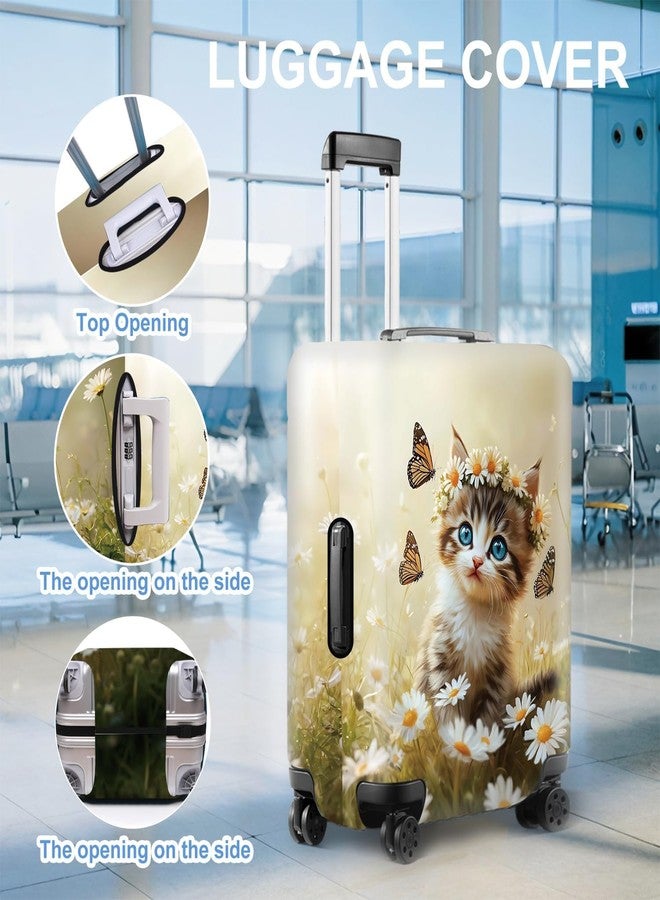 THISFIND Cute Cat and Butterflies Luggage Cover for 24-26 Inch Suitcase - Colorful Floral Travel Protector with Daisy and Meadow Design - Stretch Washable Luggage Sleeve,M - Image 3